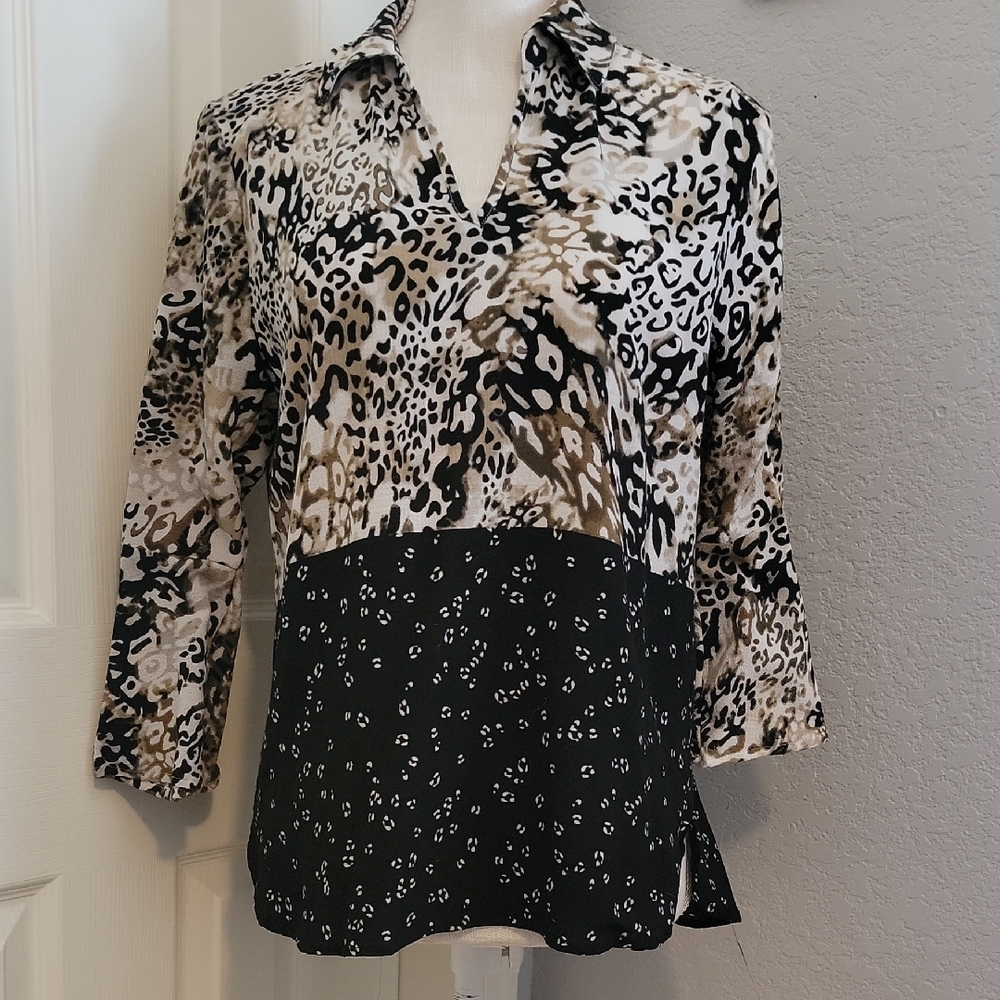 Investments Black and Cream Animal Print Blouse